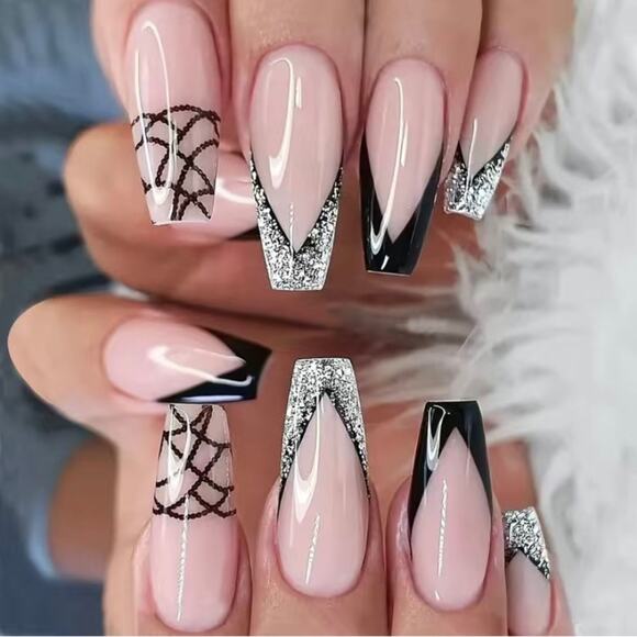 Fishnet Bling Press On Nails 25 Pc Pink Black Silver Sparkle Long Coffin w/Glue - Picture 1 of 3